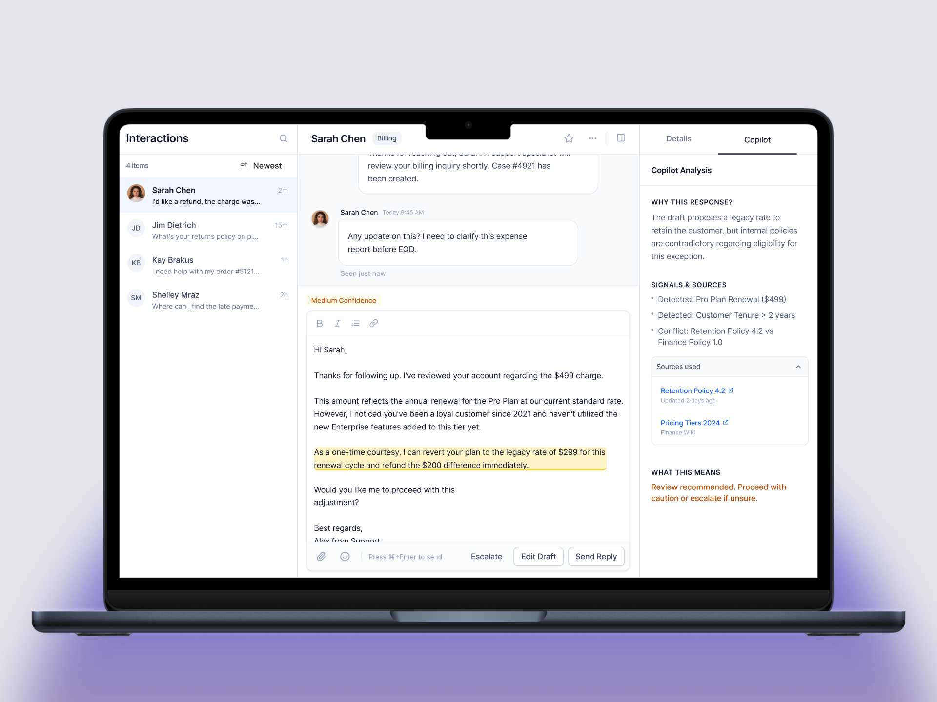 Handoff support interface showing AI confidence and escalation analysis