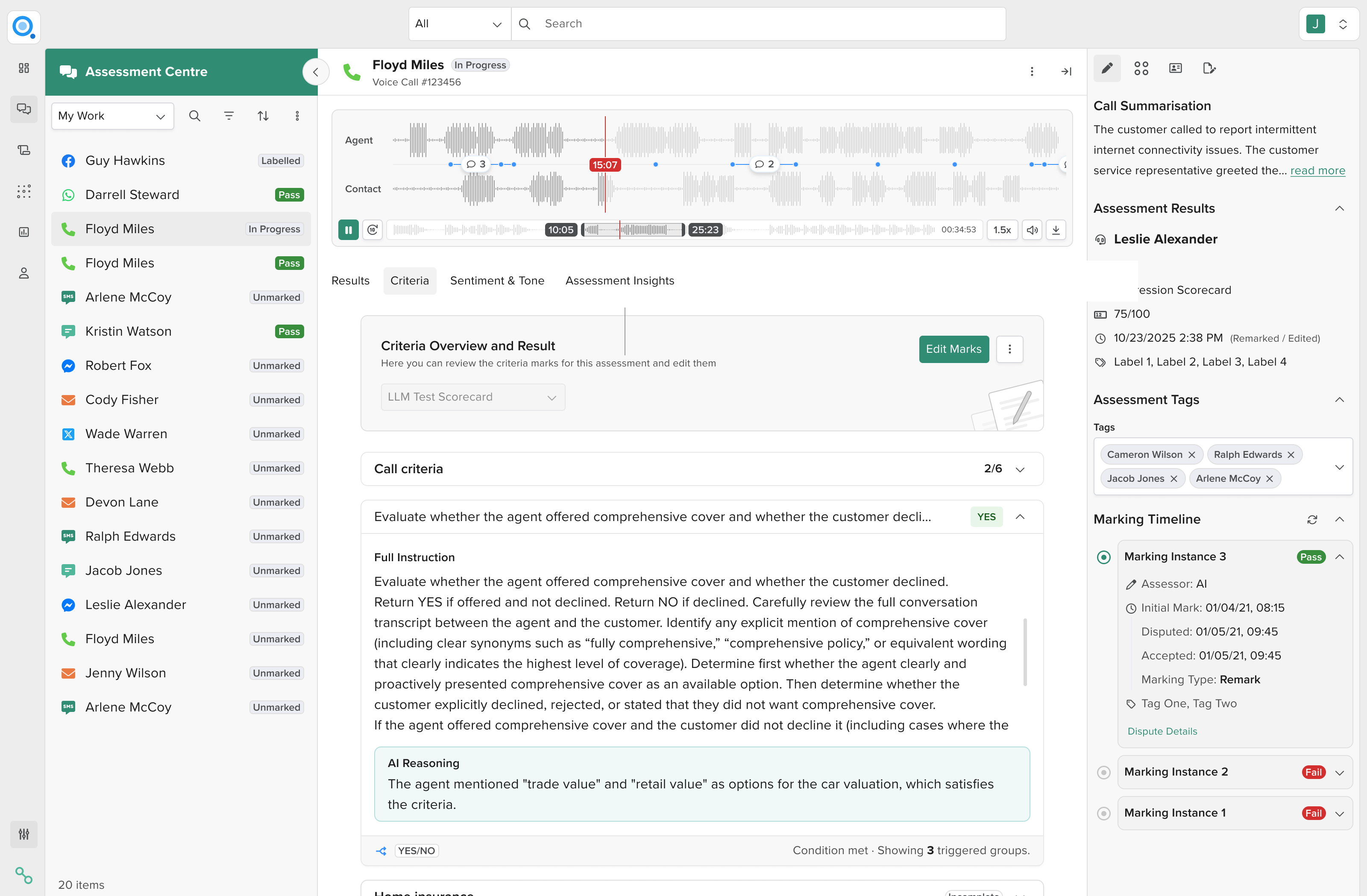 Quality Assessment Centre showing call evaluation interface with AI reasoning, criteria marks and dispute timeline