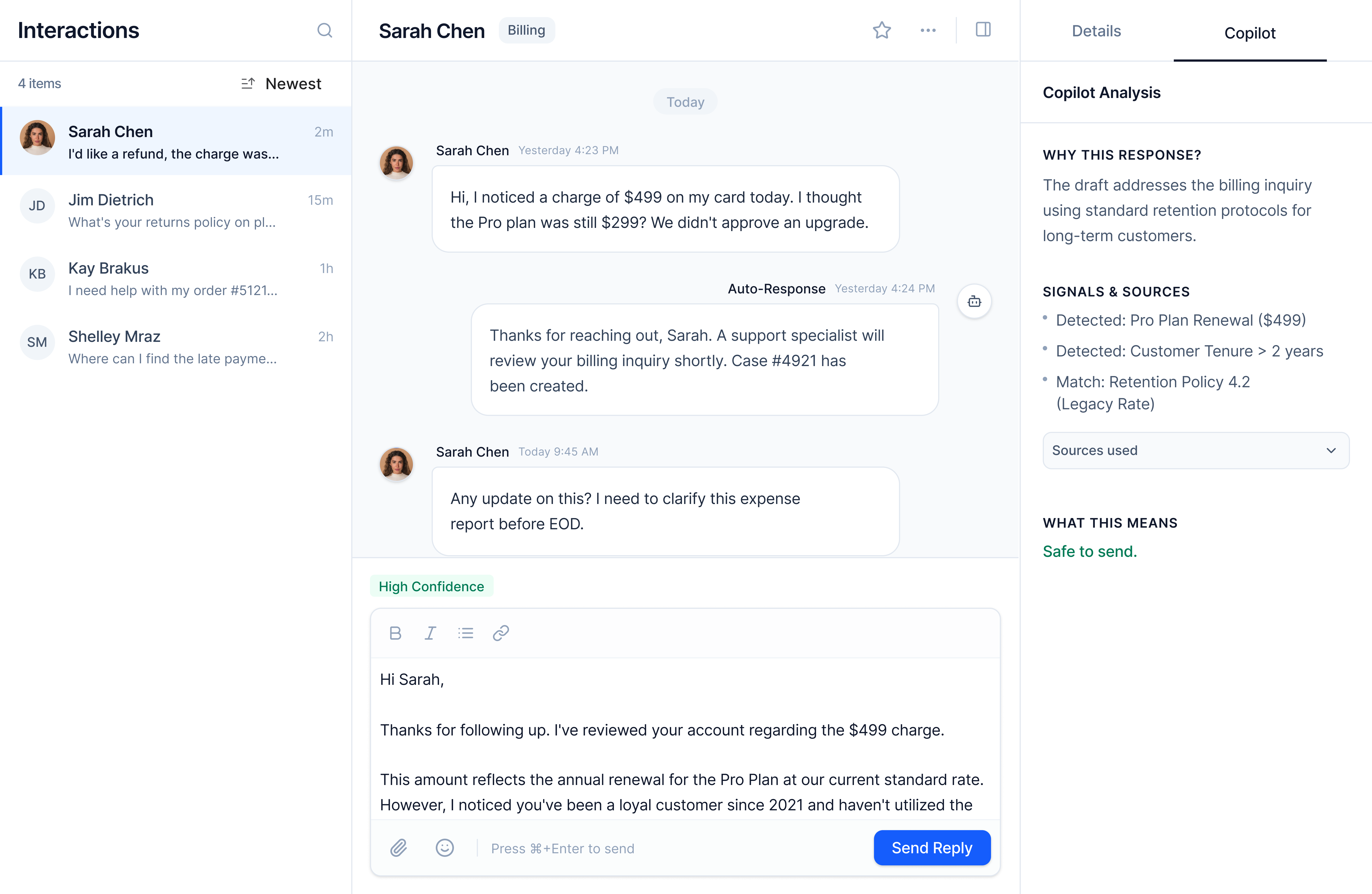 Screen 1: AI Draft Review showing high confidence response