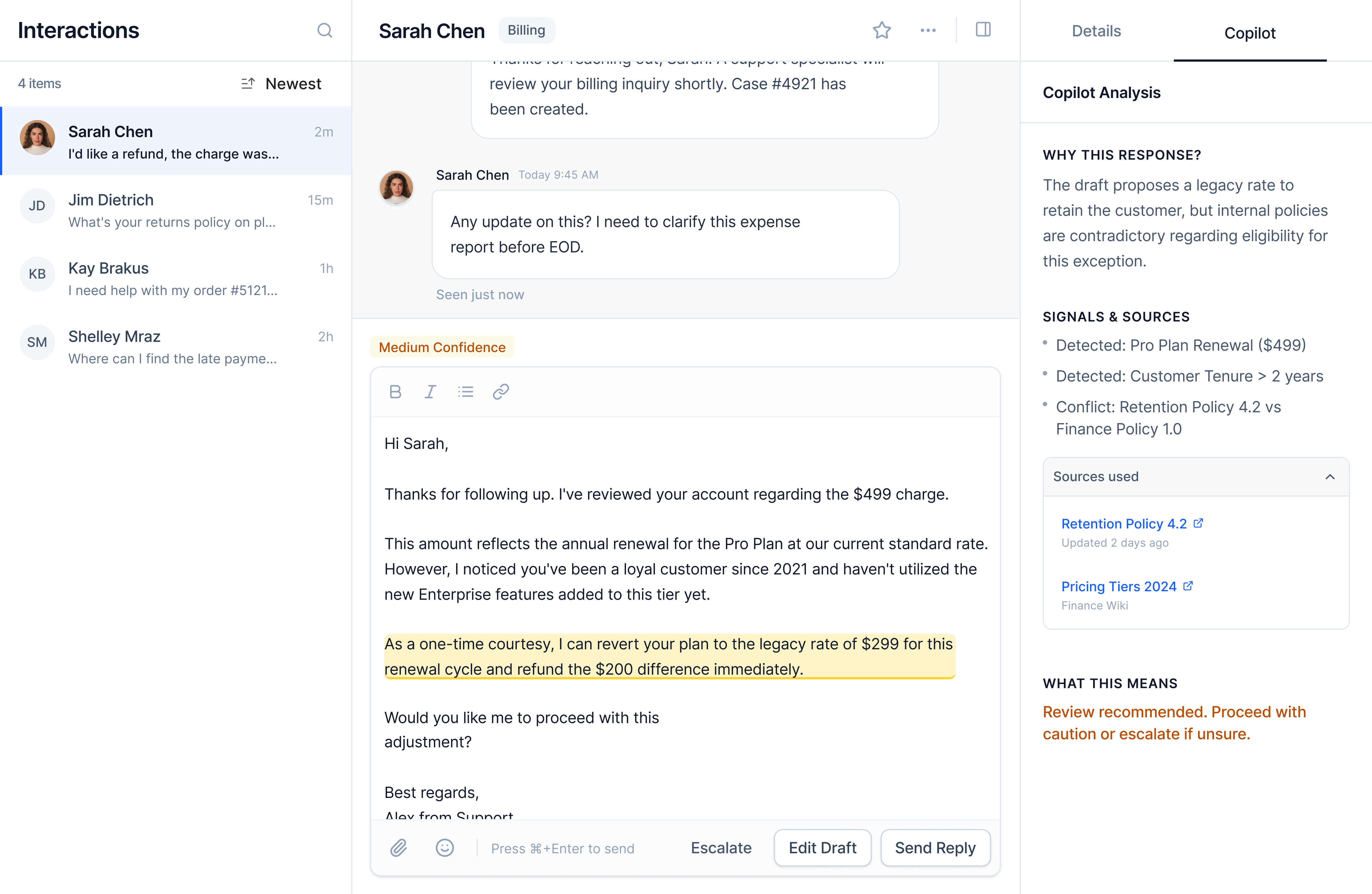 Screen 2: Uncertainty Surfaced showing medium confidence with highlighted proposal