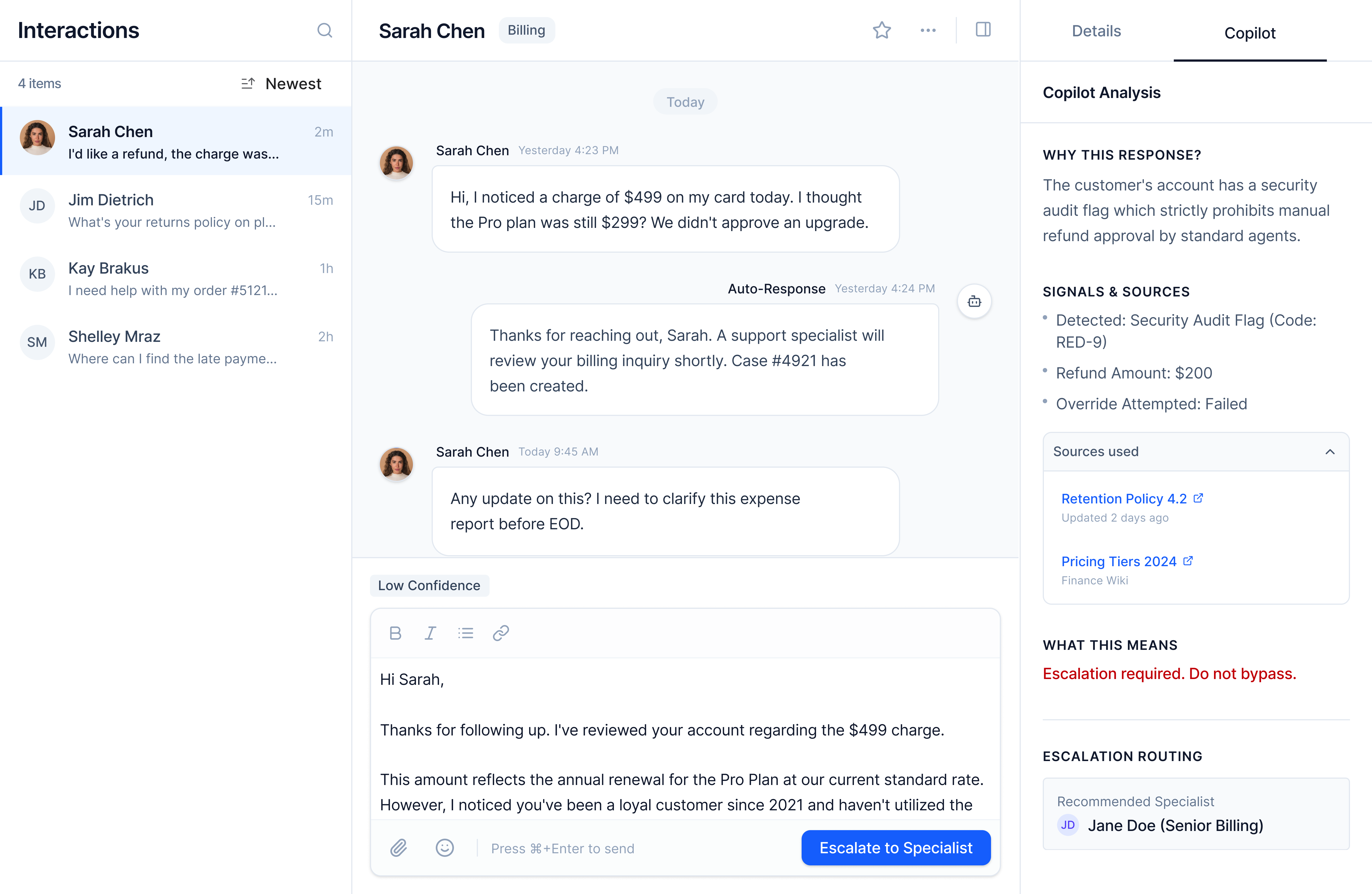 Screen 3: Escalation Decision showing low confidence with escalation routing